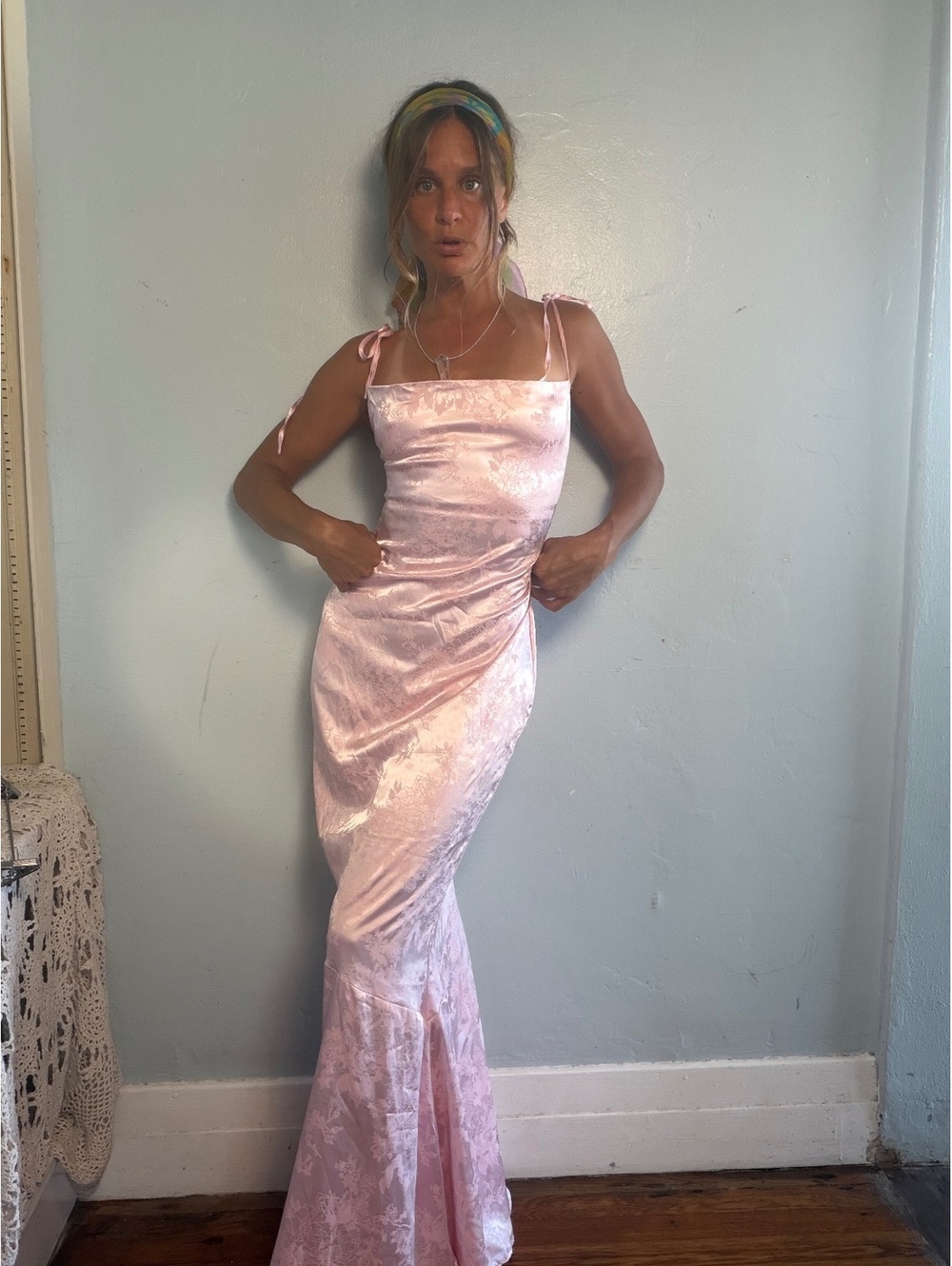 Pink Floral Silk Maxi Dress with Tie Straps and Lace-Up Detail